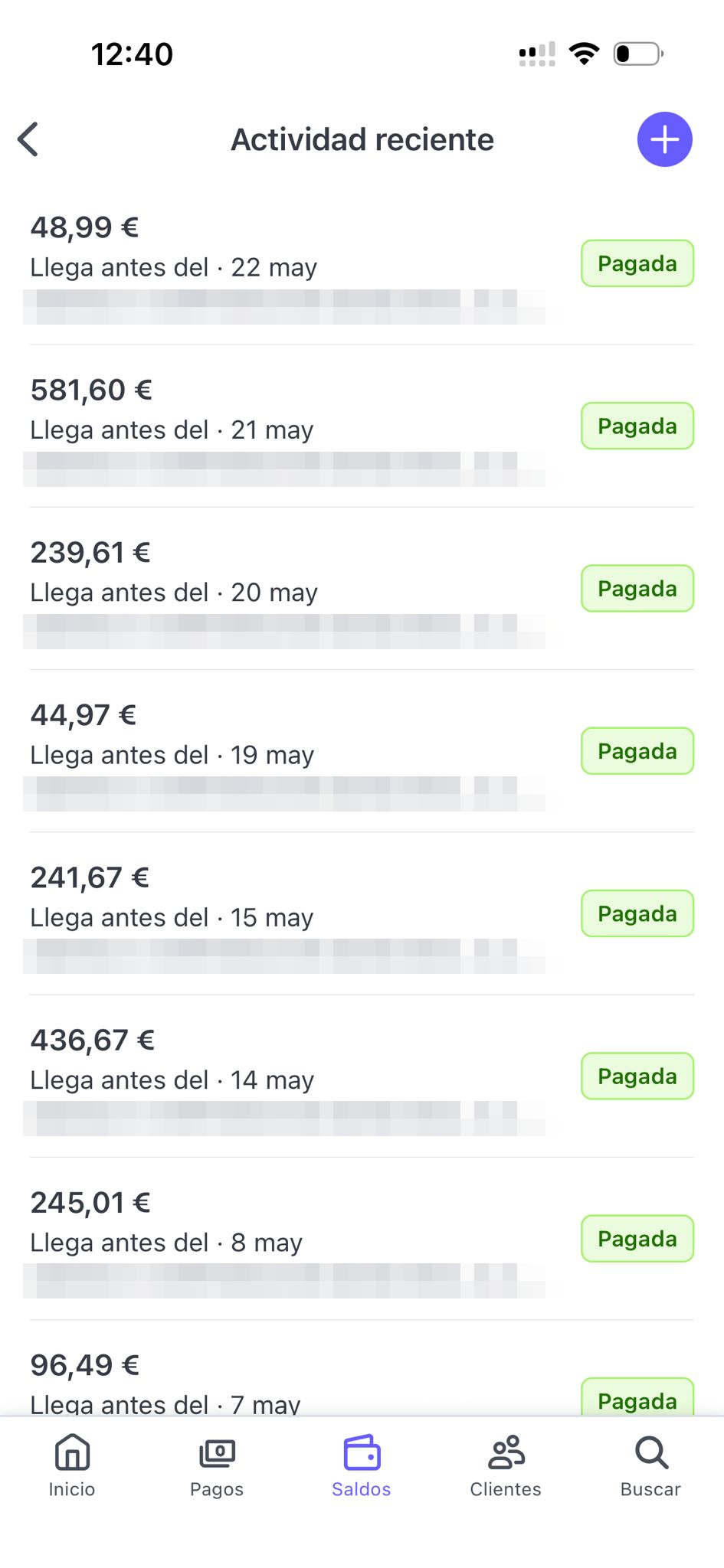 Actividad reciente de pagos en Stripe: varios cobros marcados como Pagada. Importes y fechas reales; datos de cliente pixelados.