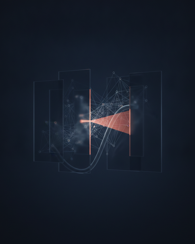 Ilustración premium: un haz tipo rayos-X atraviesa las capas internas translúcidas de un sistema de trading representado como un grafo de nodos.