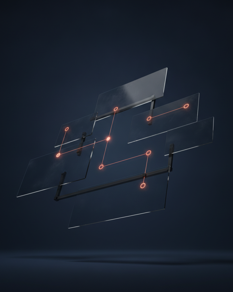 Ilustración premium: paneles de auditoría de cristal oscuro flotando en perspectiva, conectados por finas líneas coral — el diagnóstico que enlaza cada hallazgo con su agente.